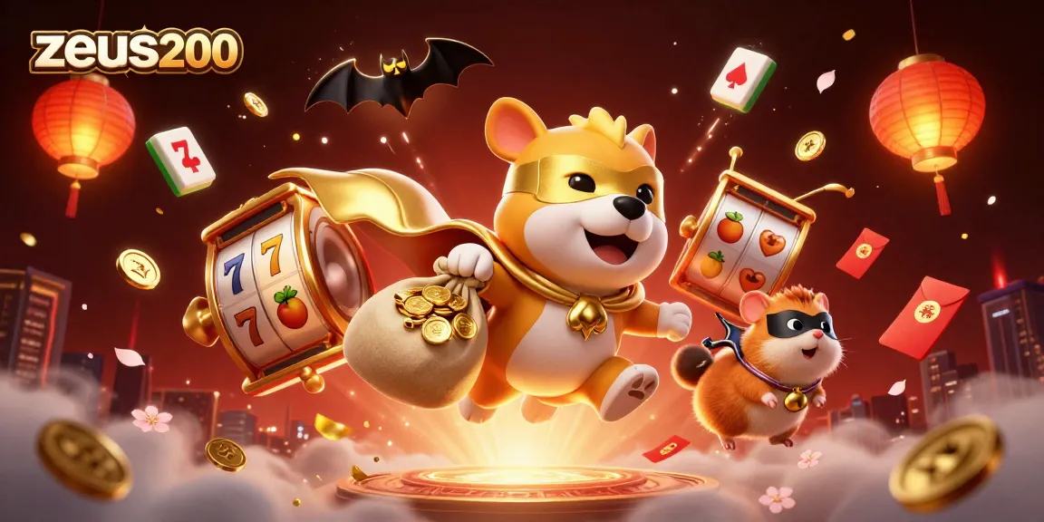 zeus200 menampilkan ilustrasi kasino dengan anjing pahlawan super dan simbol 7 keberuntungan.