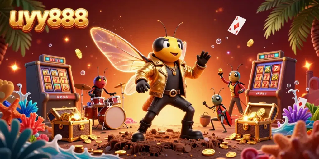 Experience the vibrant excitement of uyy888 with a lively rock star and engaging casino elements.