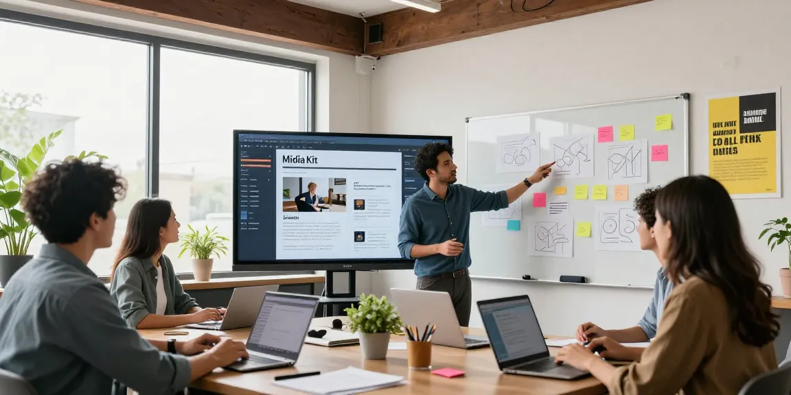 Marketing professionals collaborating on a digital MidiaKit presentation in a bright creative studio.