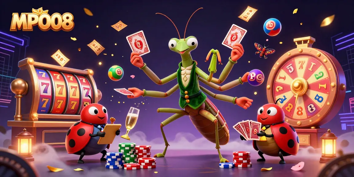 MPO08 showcases vibrant slot reels spinning with lucky 7s, thrilling gambling atmosphere filled with coins and confetti.