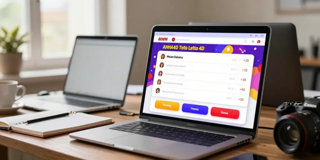 Antarmuka platform AHHA4D Toto Lotto 4D yang interaktif dengan elemen perjudian online di latar belakang suasana kantor rumah yang nyaman.