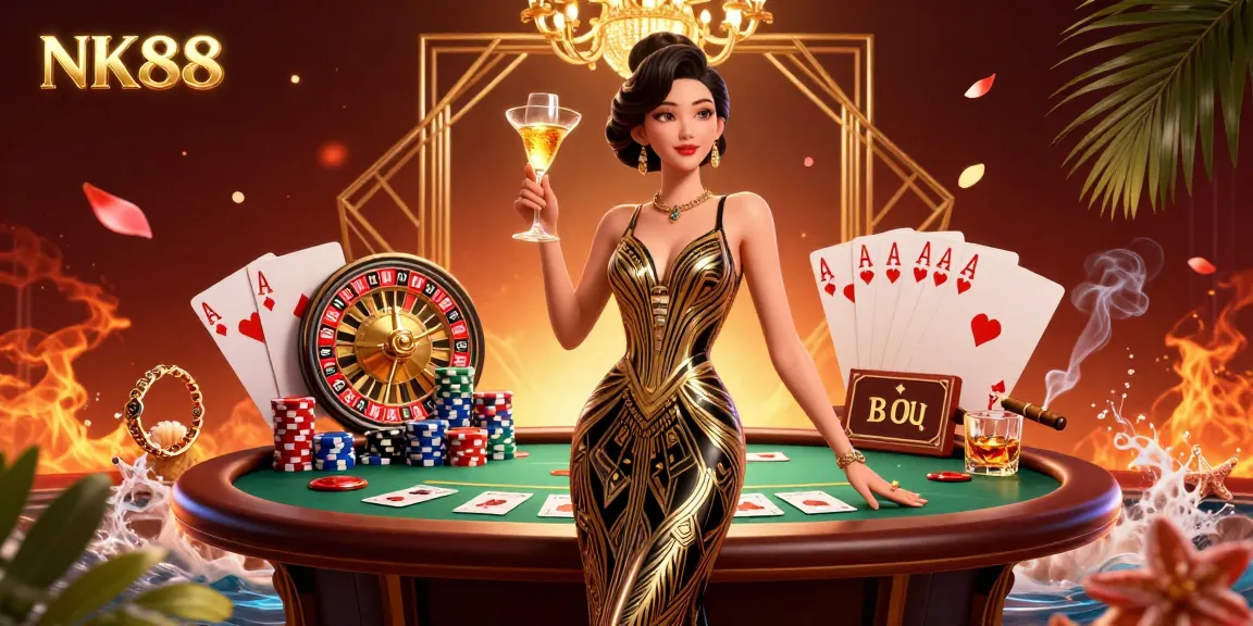 Engage with NK88's vibrant casino atmosphere, showcasing elegant games and dynamic betting elements.