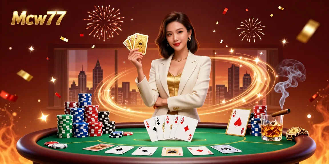 Experience the thrill of Mcw77's poker action with a glamorous Asian woman holding golden cards amidst vibrant casino elements.