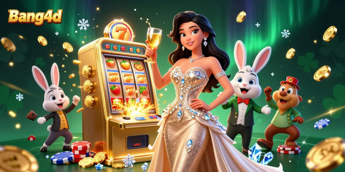 Experience bang4d's jackpot excitement with a glamorous woman and vibrant casino elements.