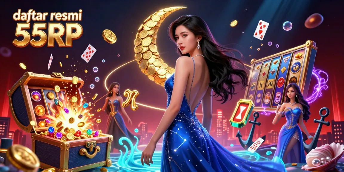 Engage with daftar resmi 55RP's vibrant 3D gaming scene featuring stunning slot elements and dynamic gold aesthetics.