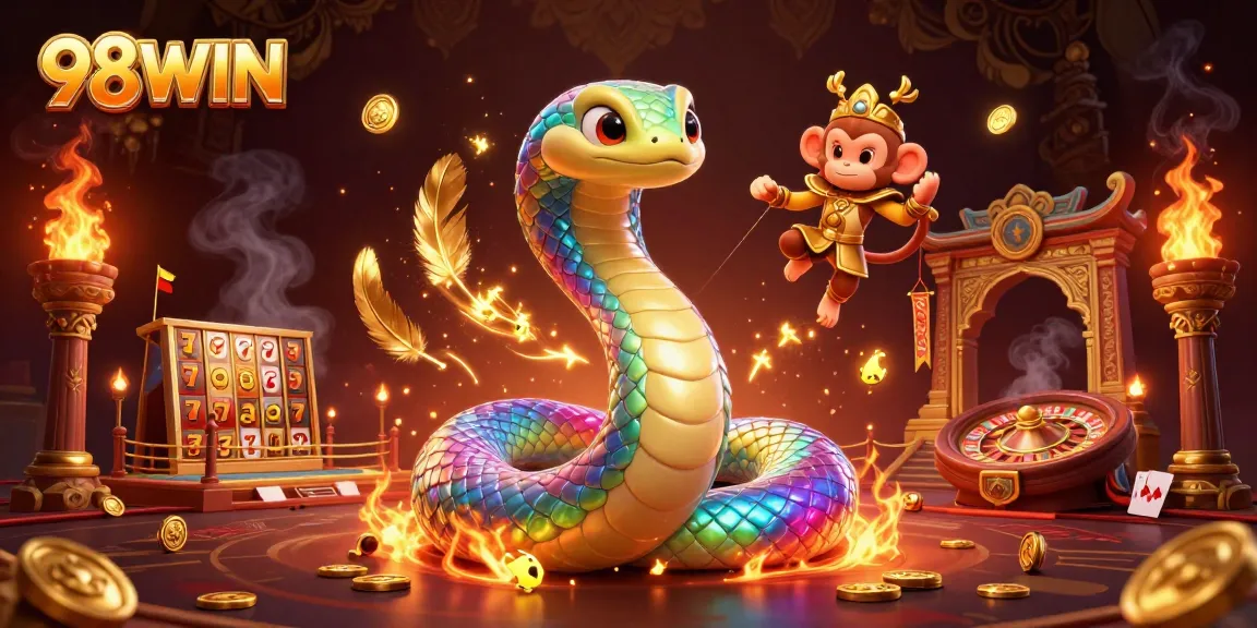 Engage with thrilling gaming at 98WIN, featuring vibrant characters and exciting casino elements.
