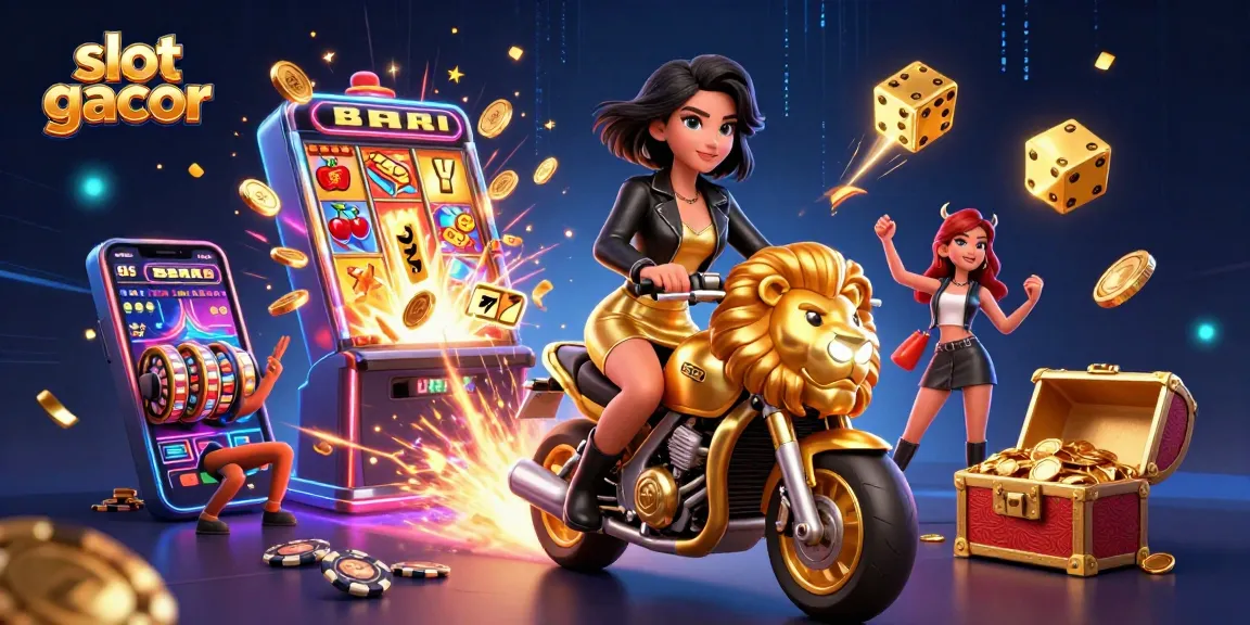 Experience thrilling slot gacor excitement with a glamorous woman on a golden lion amidst jackpot visuals and vibrant casino elements.