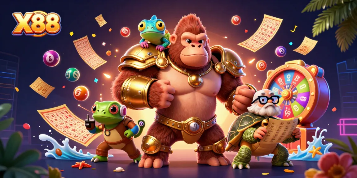 X88 captivates players with a dynamic scene featuring gaming characters amidst thrilling lottery and casino elements.