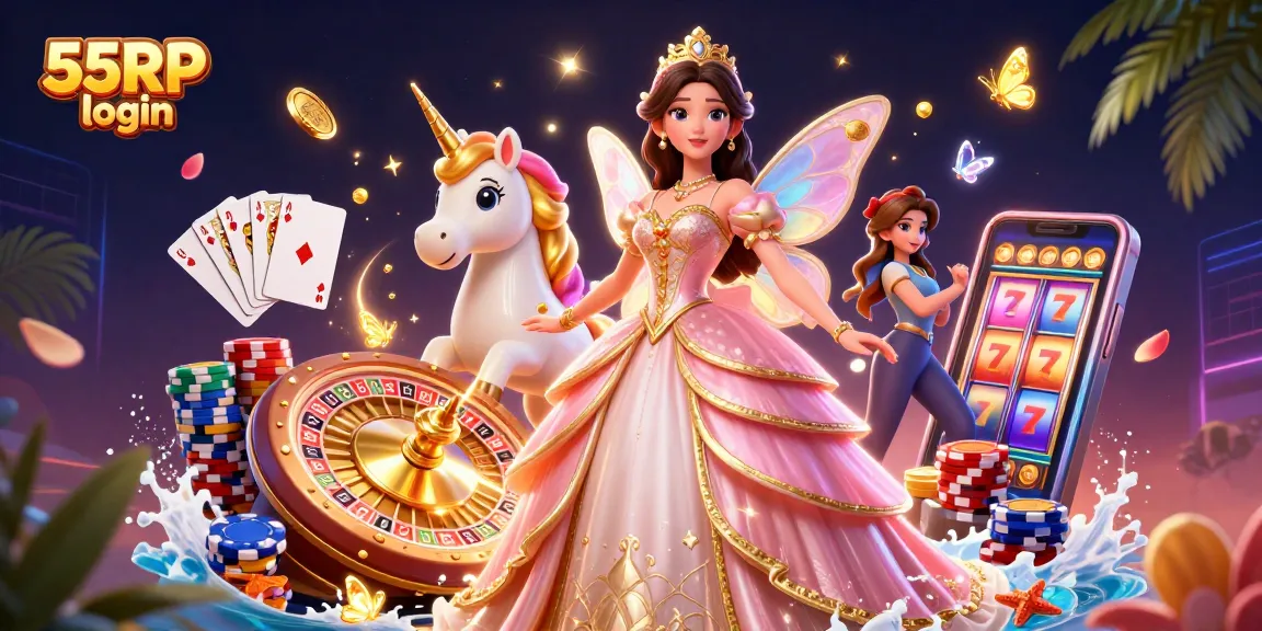 Experience effortless 55RP login with glamorous casino elements like coins, cards, and unicorns.