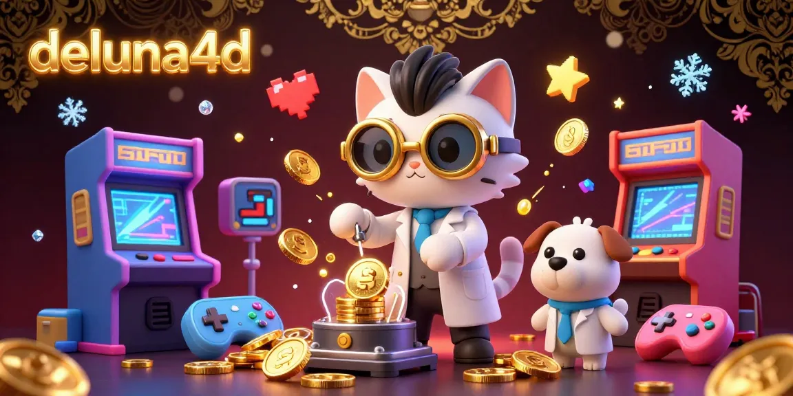 Engage with deluna4d's vibrant 3D gameplay, featuring a mad scientist cat and assistant amidst gold coins and arcade elements.