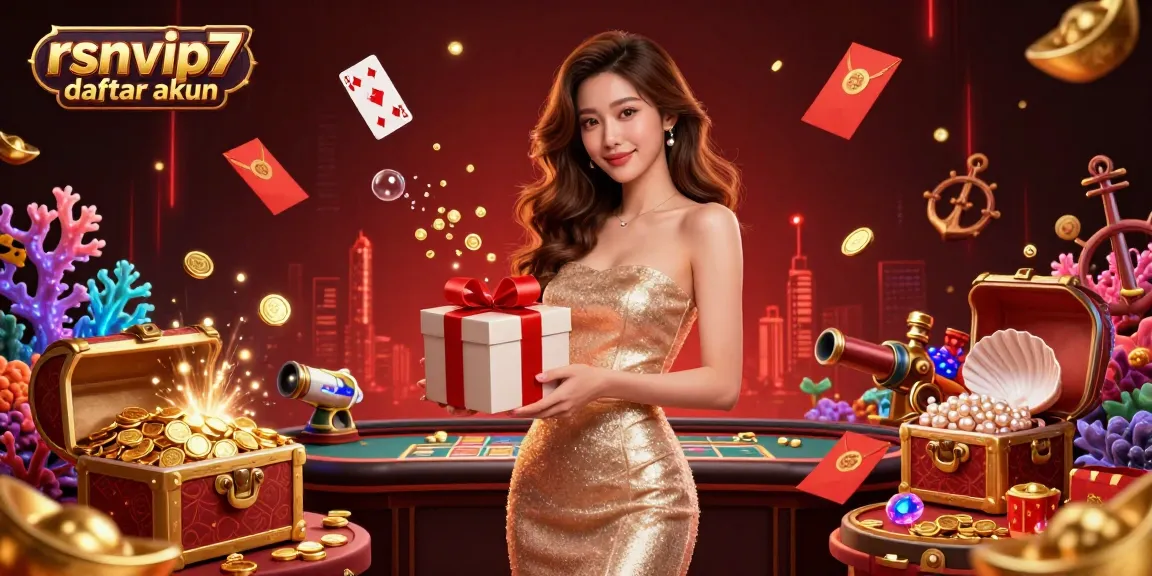 Experience the festive allure of RSNVIP7 daftar akun with a welcoming Asian woman surrounded by casino elements, gold coins, and vibrant decorations.