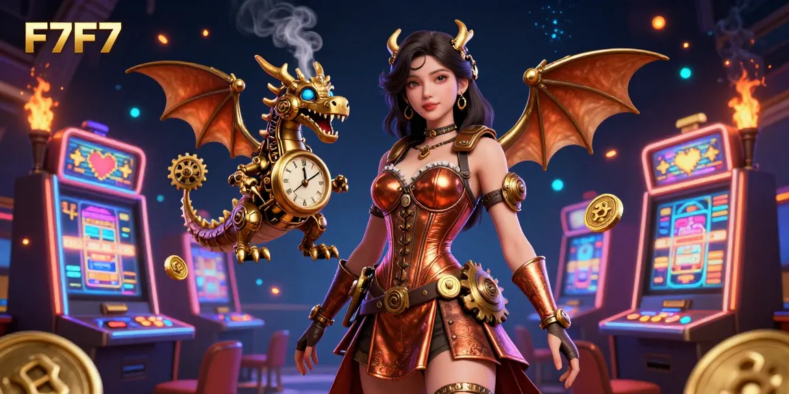 Engage with F7F7's exciting casino experience, featuring vibrant slot machines and a dynamic dragon.