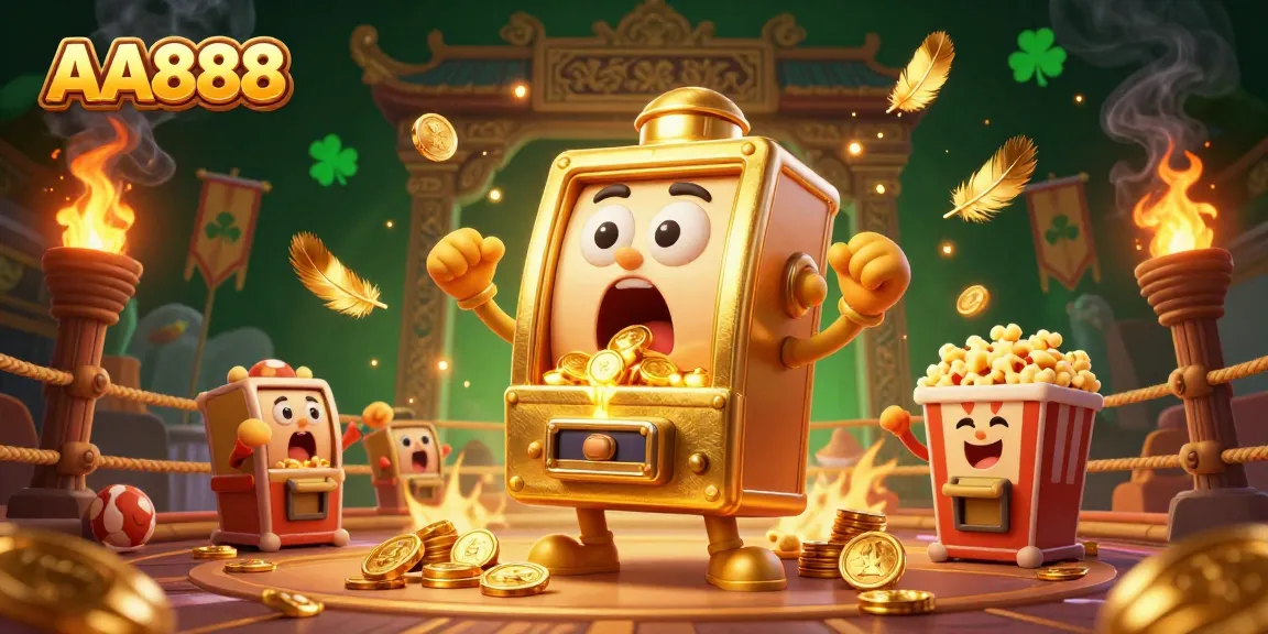 Engaging scene of AA888 slot machine hitting a jackpot with cheering characters amidst golden decorations.