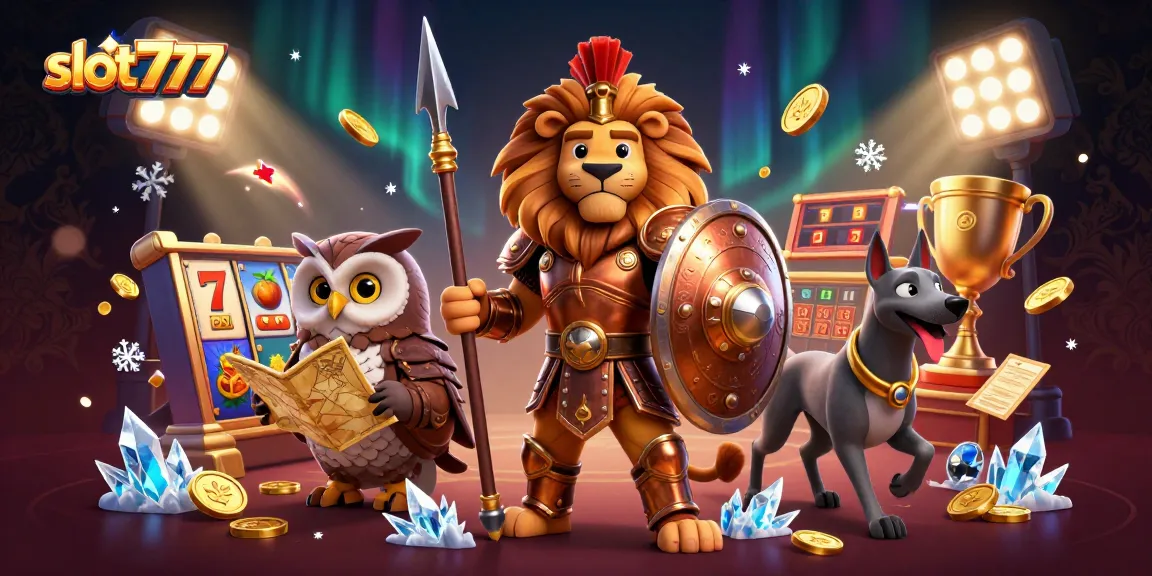 Spark the excitement of slot777 with a vibrant depiction of a Spartan lion, owl, and greyhound amidst jackpot symbols and coins.