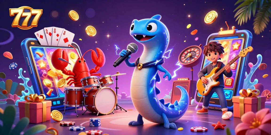 Experience 777 excitement with a DJ electric eel and vibrant casino action in this lively underwater scene.