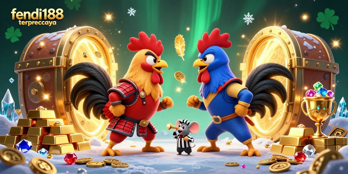 Experience thrilling moments in fendi188 terpercaya with cartoon roosters battling amidst treasure.