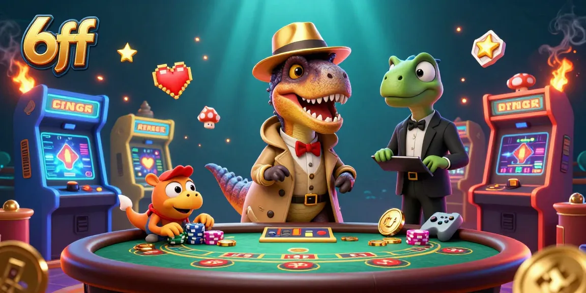 Experience thrilling gameplay at 6ff with a velociraptor card counter amidst vibrant casino elements.