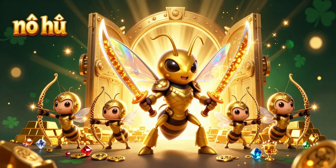 Experience thrilling nổ hũ action with vibrant golden characters, treasure, and dynamic casino elements.