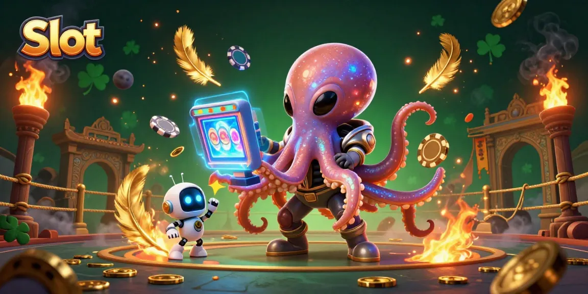Spin the Slot machine with an alien octopus and robot in a dynamic casino scene.