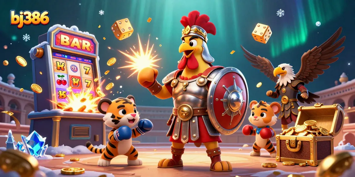 Experience the thrilling adventure of bj386 casino with a charismatic rooster gladiator amidst an explosive jackpot scene.