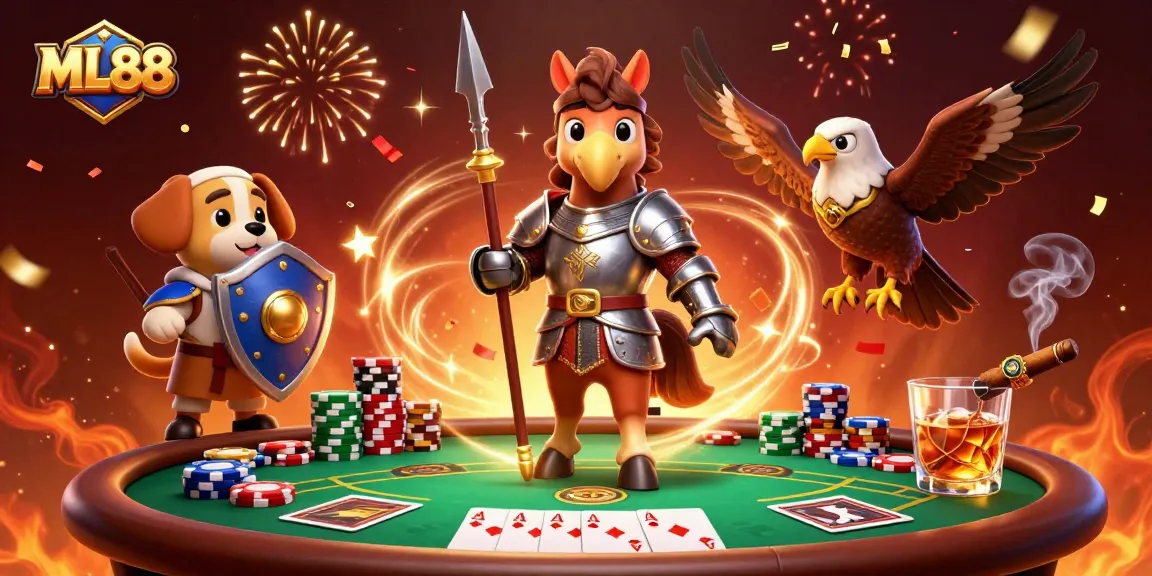 Engage in poker excitement with ML88 at an extravagant casino scene featuring knights and chips.