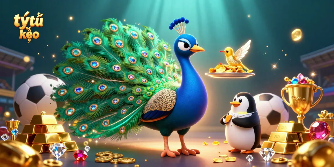 Experience the thrill of tỷ lệ kèo betting with peacock, penguin, and hummingbird illustrations amidst shiny treasures.