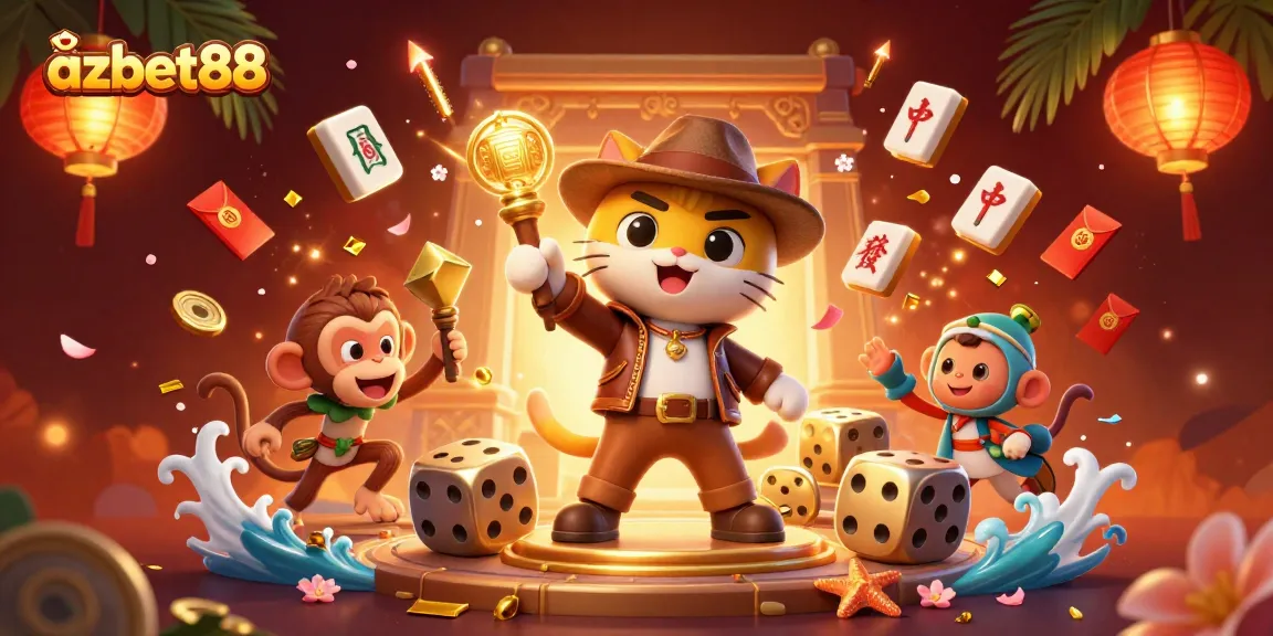 Experience thrilling casino adventures with azbet88's vibrant characters exploring a treasure-filled temple.