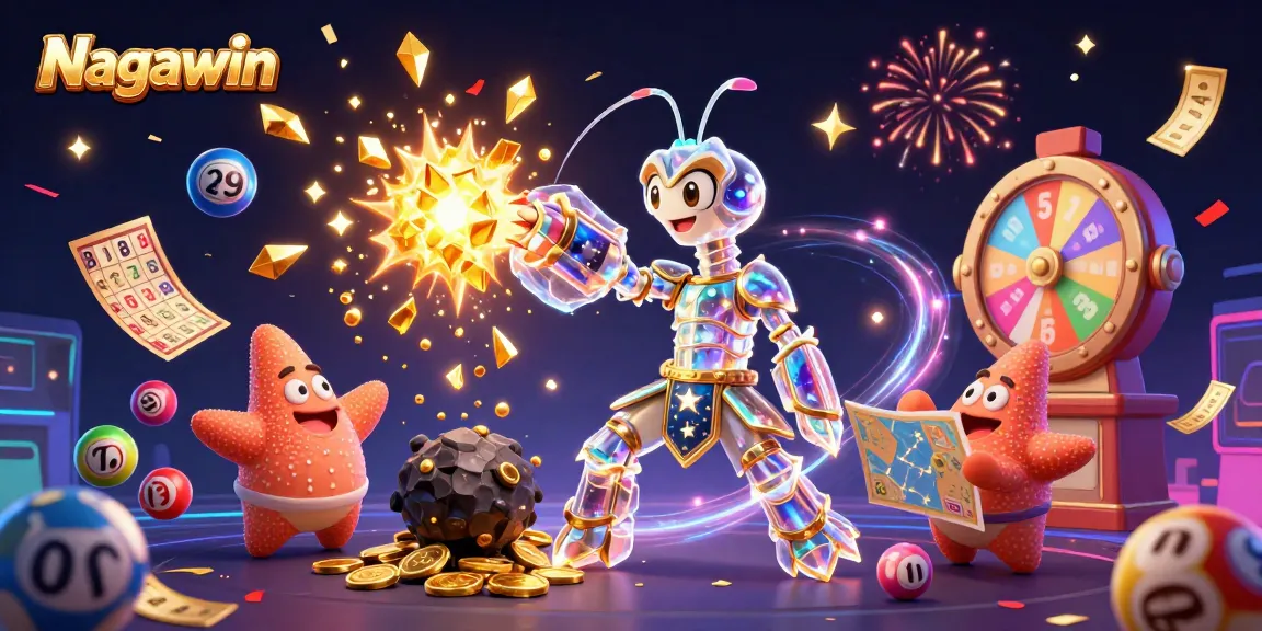 Nagawin showcases a vibrant scene of colorful lottery elements and a galactic samurai mantis shrimp in action.