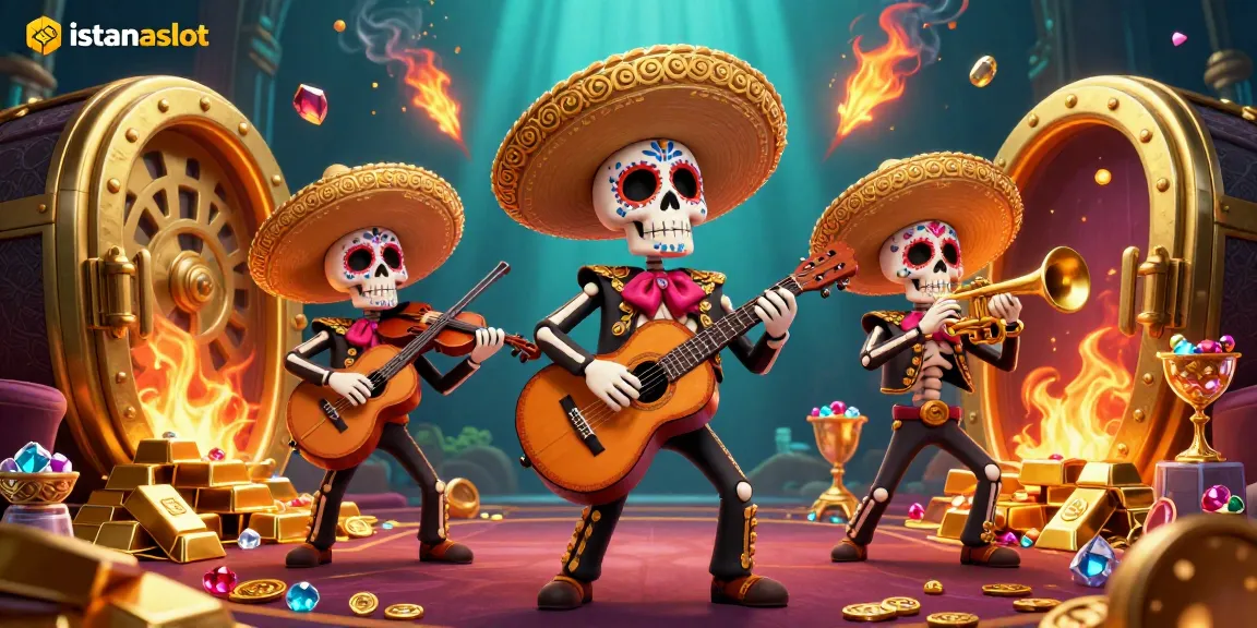 Experience winning at istanaslot with vibrant 3D mariachi band amidst treasure vaults