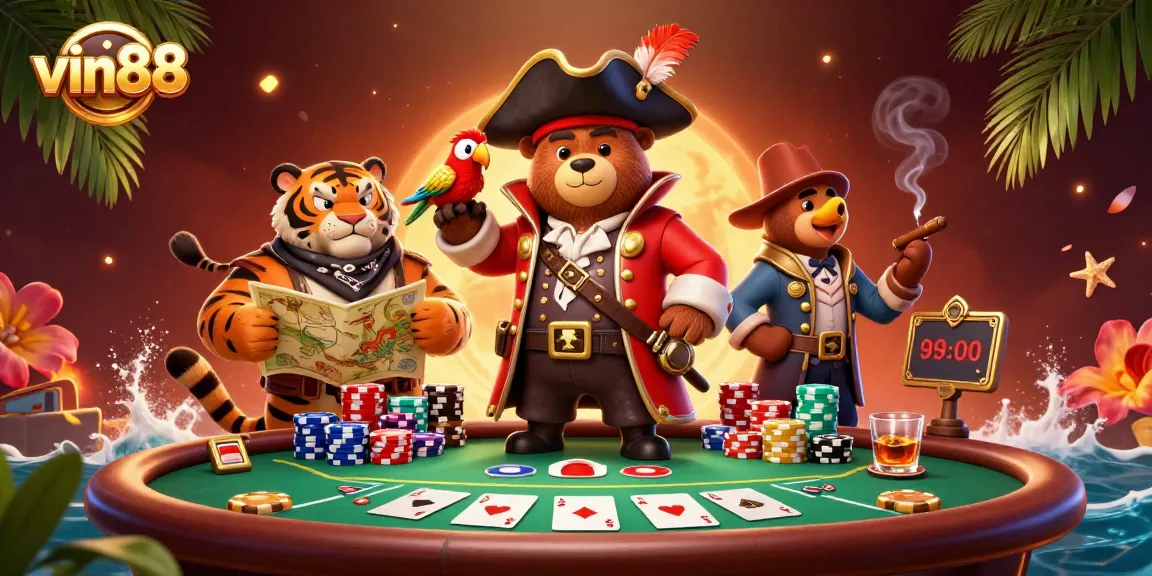 Experience exhilarating gameplay with vin88’s cartoon-style pirate gaming scene featuring poker elements.