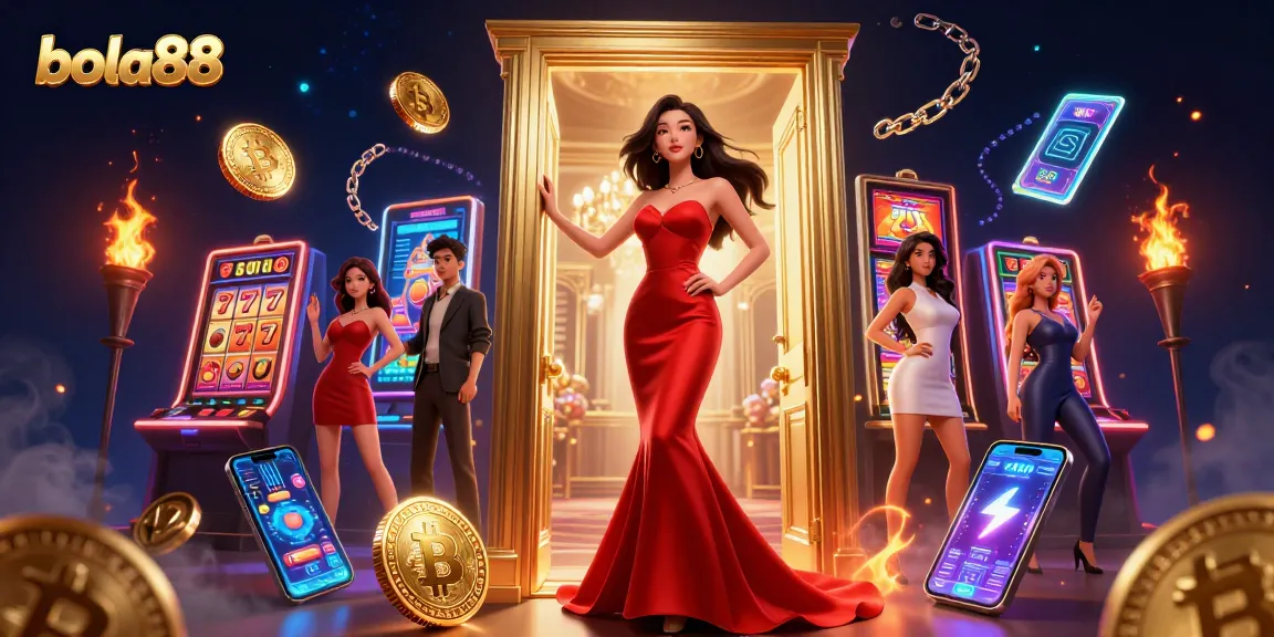 Bola88 slots action featuring a stunning Asian woman amid vibrant slot symbols and crypto elements in a luxurious casino setting.