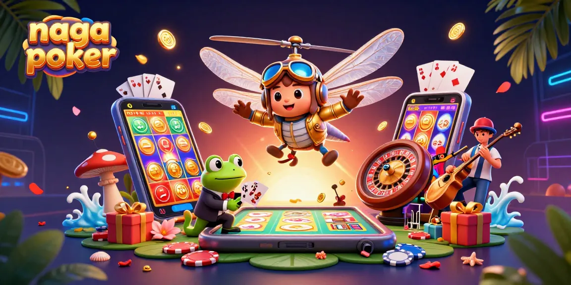 Experience the thrill of winning at naga poker with a vibrant casino scene featuring whimsical characters and games.