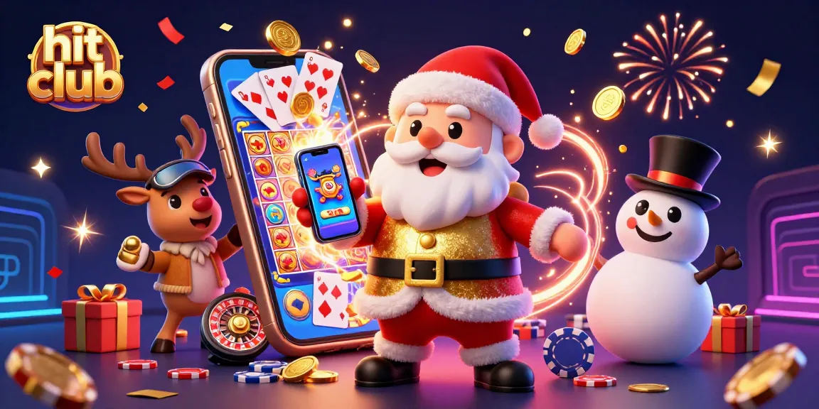 Join the hit club with a festive 3D casino scene featuring Santa, his reindeer, and a snowman surrounded by jackpots and poker elements.