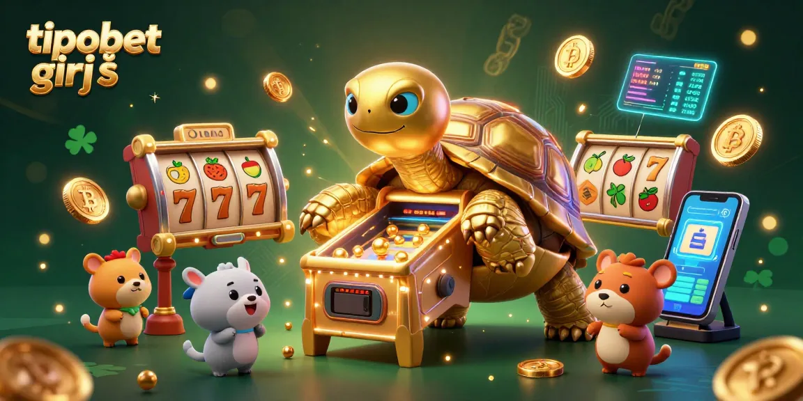 Tipobet giriş için slot makineleriyle dolu eğlenceli bir deneyimi gösteren canlı bir 3D illüstrasyon.