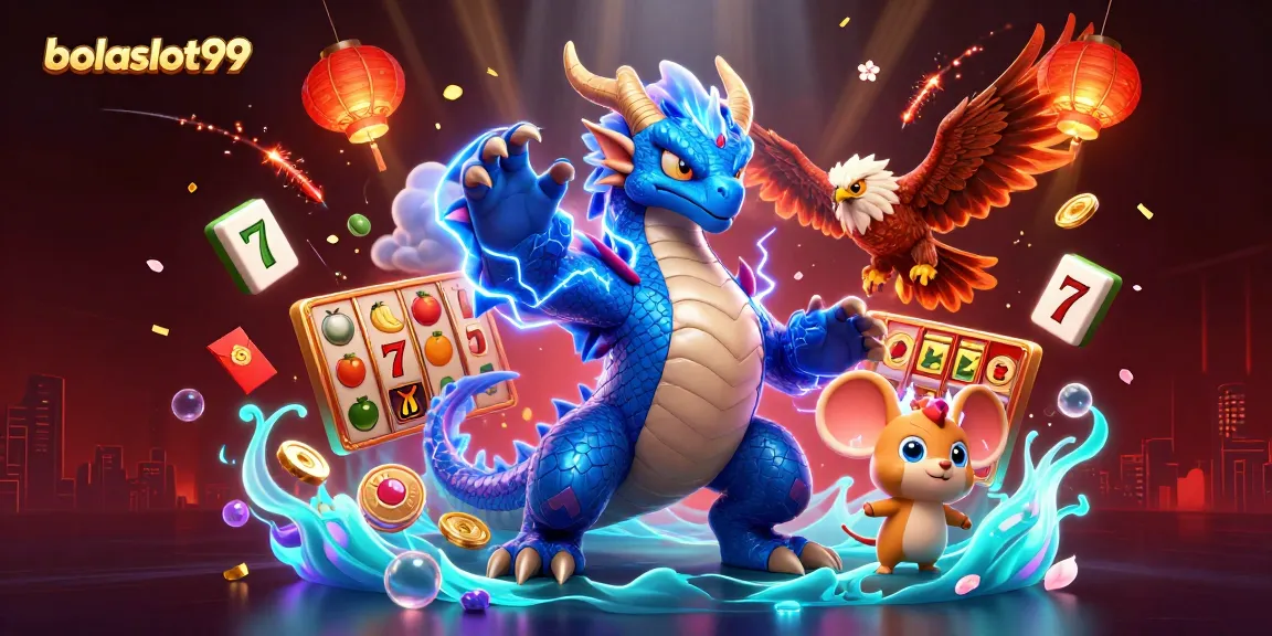 Win big with bolaslot99 in this vibrant 3D casino-themed illustration featuring dragons and luck symbols.