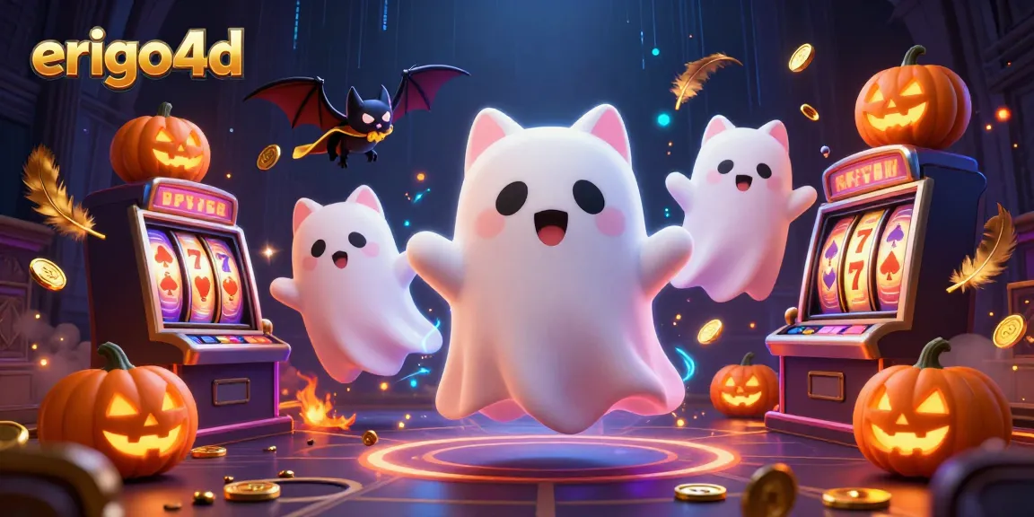 Experience the thrill of erigo4d with a ghost cat and vampire bat in a haunted casino, surrounded by slot machine excitement.