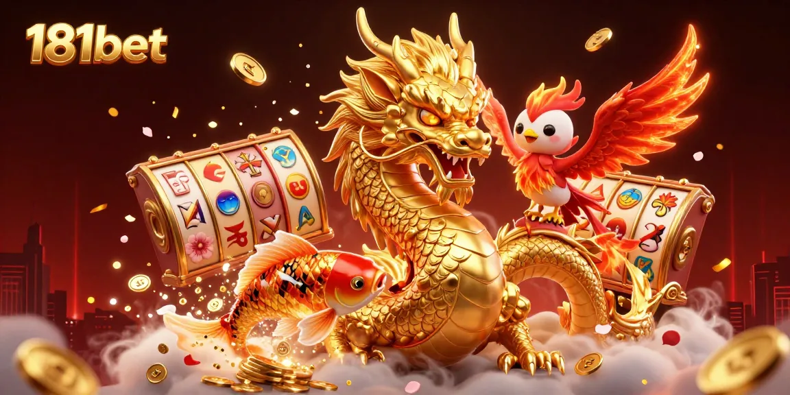 Experience thrilling gaming adventures with 181bet, featuring a golden dragon, phoenix, and lucky koi fish.
