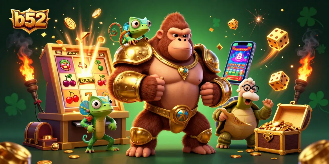 Experience thrilling wins at b52 casino with a dynamic 3D scene of vibrant characters and games.