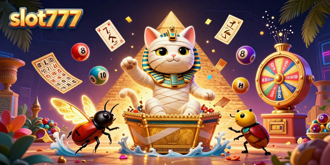 Play exciting slot777 games with a fun Egyptian theme featuring a mummy cat and golden elements.