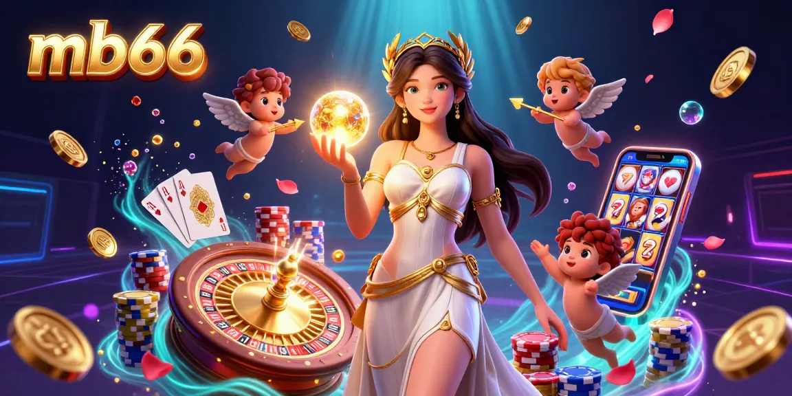 Feel the excitement at mb66 with vibrant casino scenes featuring a goddess, cherubs, and golden treasures.