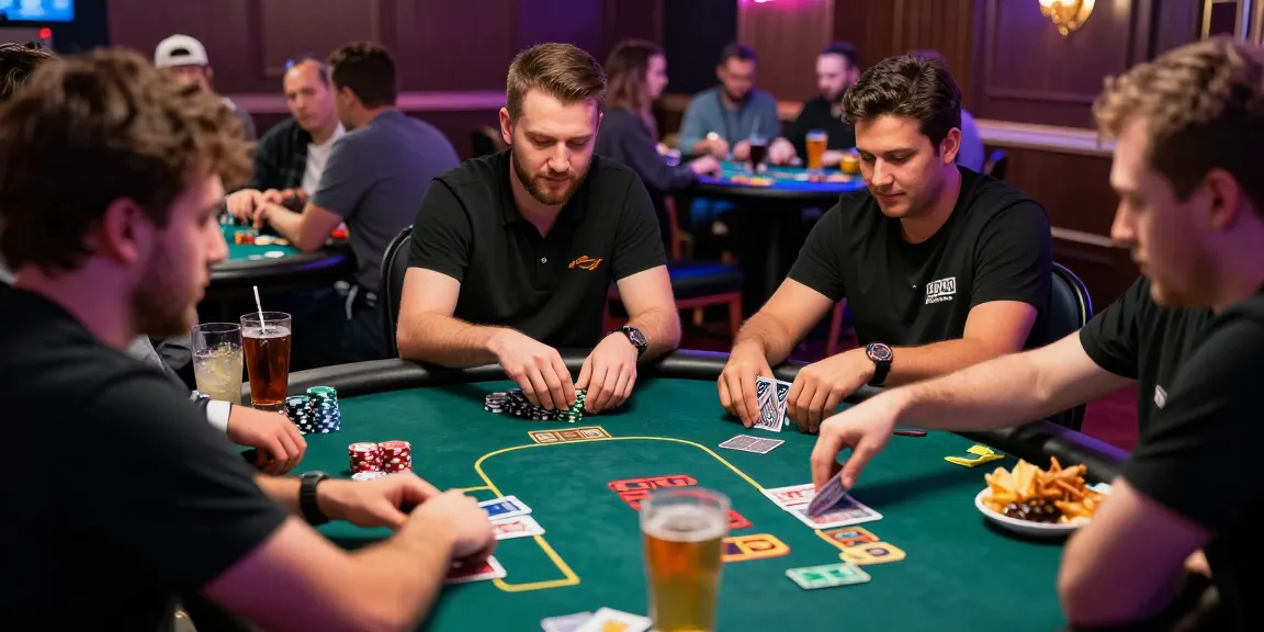 Engaging scene of Daftar Domino8 poker players at a lively casino table, capturing excitement and competition.