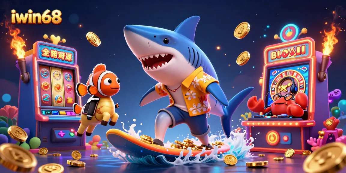 Experience the excitement of iwin68 with a vibrant 3D illustration of a shark, clownfish, and crab surrounded by casino elements.