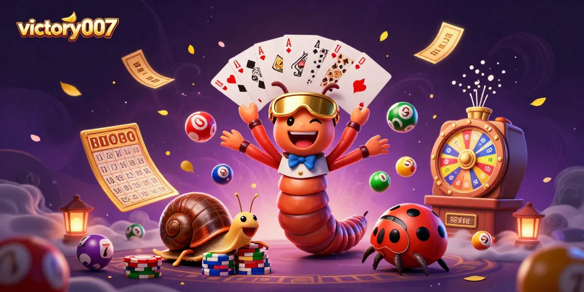 Engage with victory007's vibrant 3D casino scene featuring a millipede dealer and colorful gaming elements.