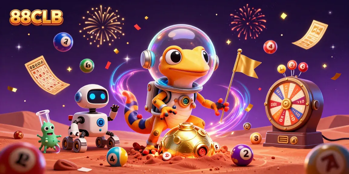 Experience the excitement of 88CLB with a cartoon Martian gecko discovering a golden casino and vibrant game elements.