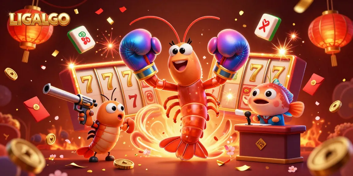 LIGALGO cartoon shrimp characters celebrate a jackpot win with slot reels and vibrant casino elements