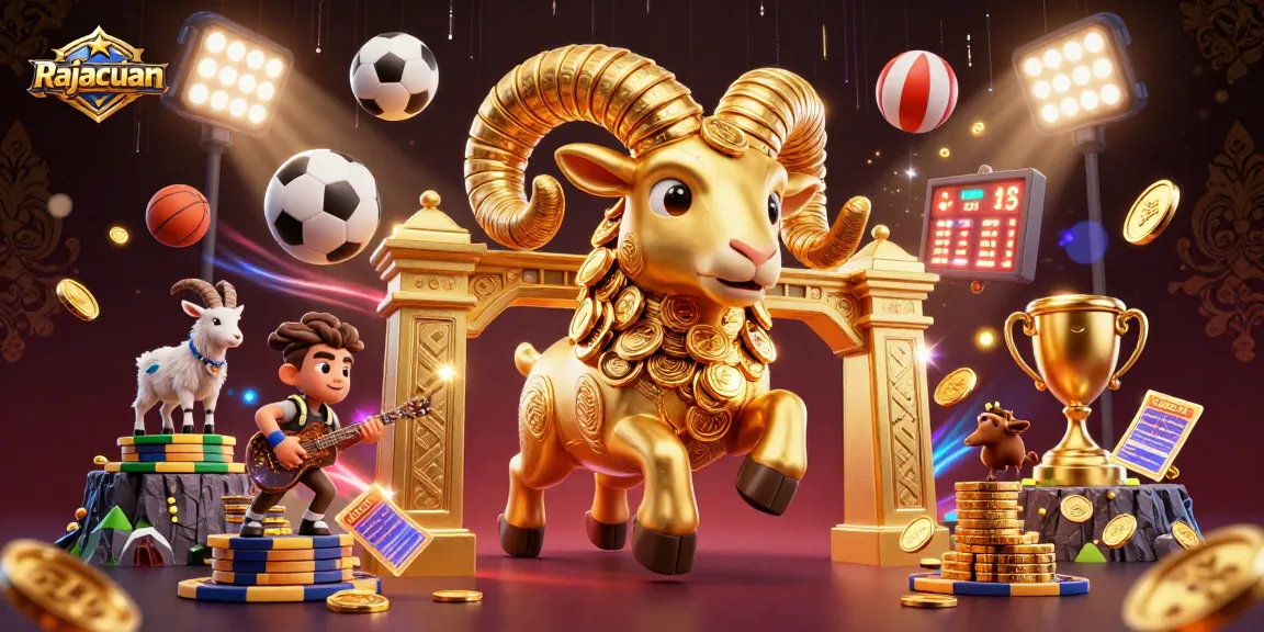 Rajacuan mempersembahkan ilustrasi kasino 3D dengan ram emas dan elemen permainan yang menarik.