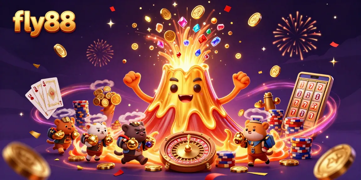 Experience thrilling wins at fly88 with a vibrant 3D casino scene featuring a golden volcano, flying coins, and vibrant gaming elements.