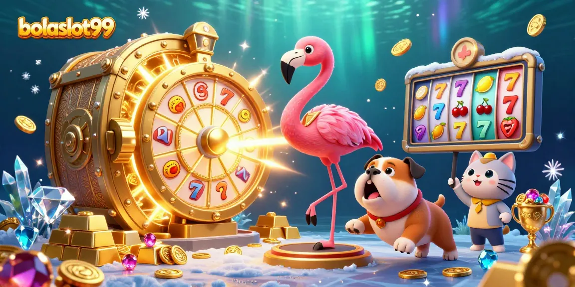 Bolaslot99 showcases an exciting 3D casino scene with a game show host flamingo, a jubilant bulldog, and a cat assistant, bursting with riches.