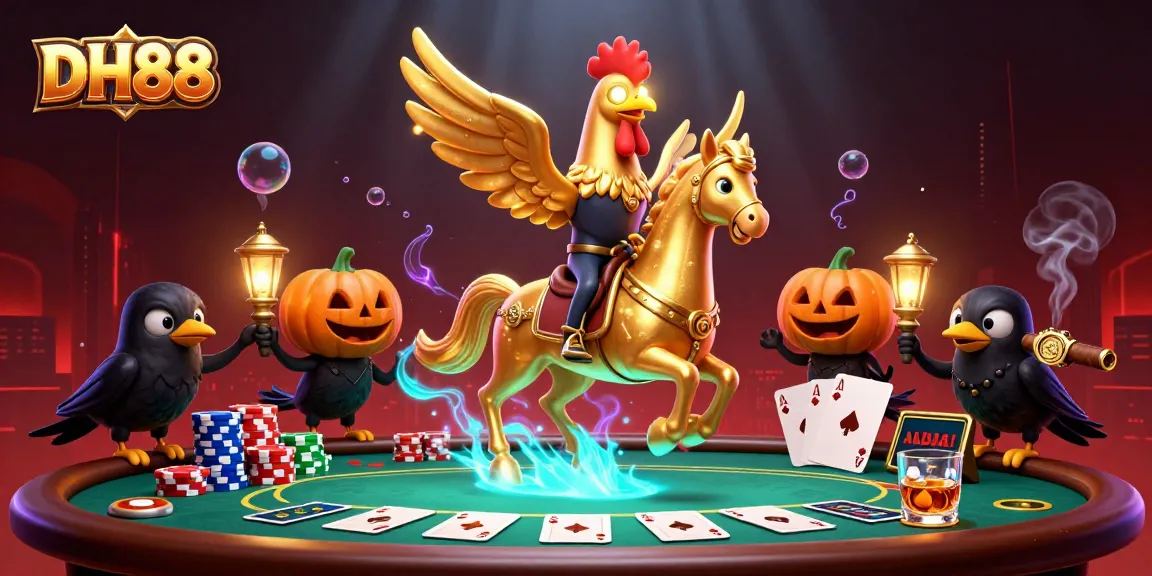 Experience thrilling winnings at DH88 with a golden rooster and spectral horse in a vibrant casino scene.