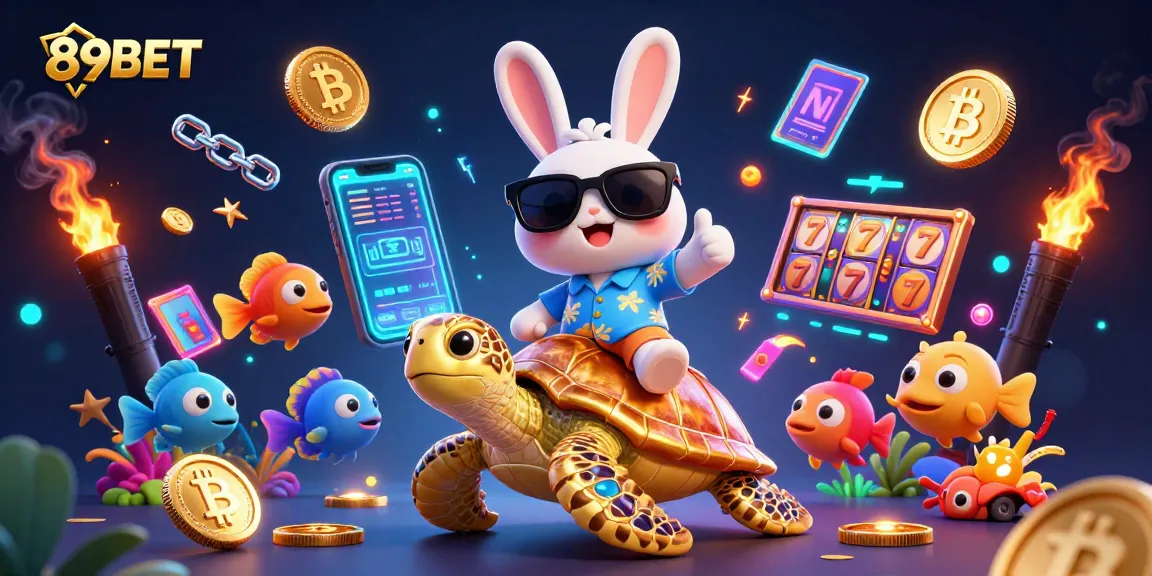 Engage in thrilling gameplay with 89BET while riding alongside an enchanting lucky rabbit and golden sea turtle.